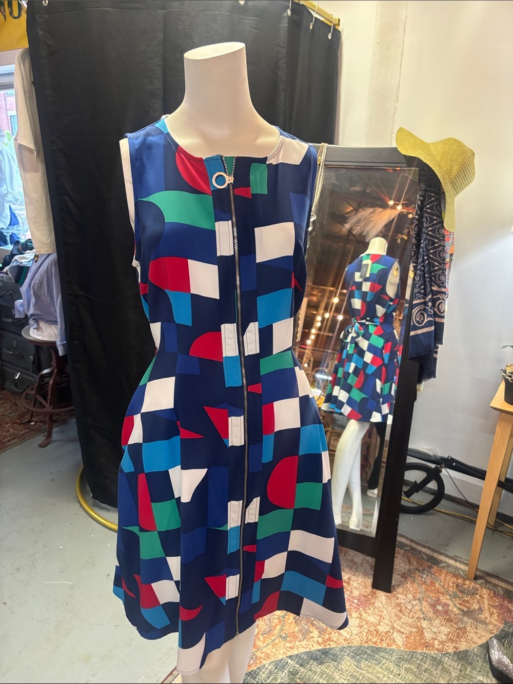 Tommy Hilfiger Navy Geometric Zip-Front Midi Dress with Multi-Color Blocks